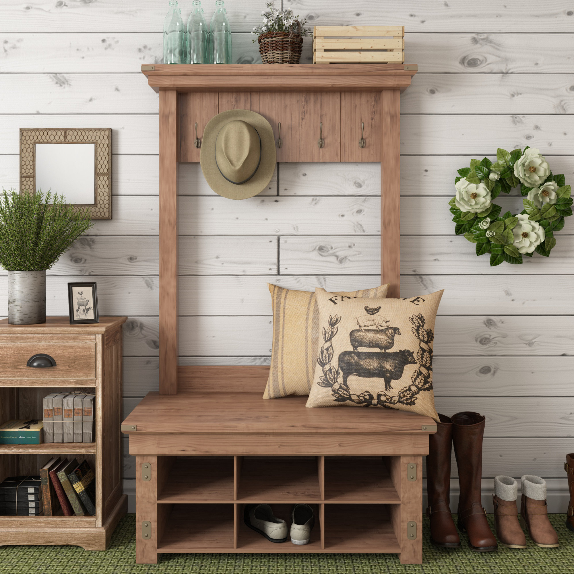 August Grove Irwin Wood Veneer Entryway Hall Tree with Storage Bench